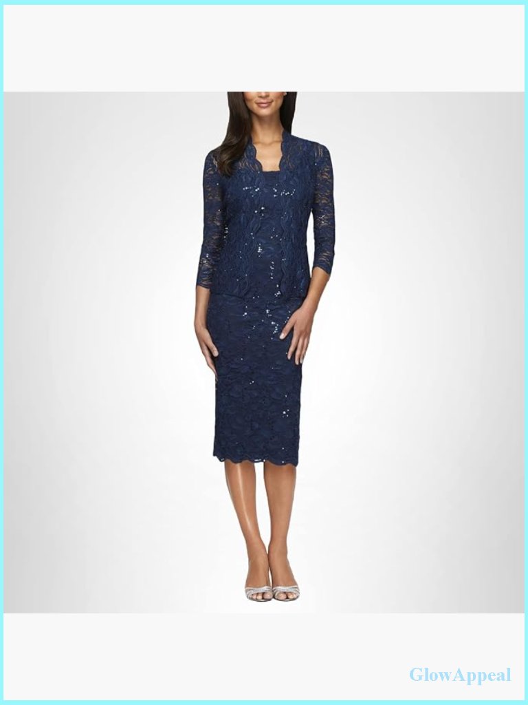 Women's Shift Dress & Lace Jacket Set Sheath Midi 3/4 Sleeve Formal